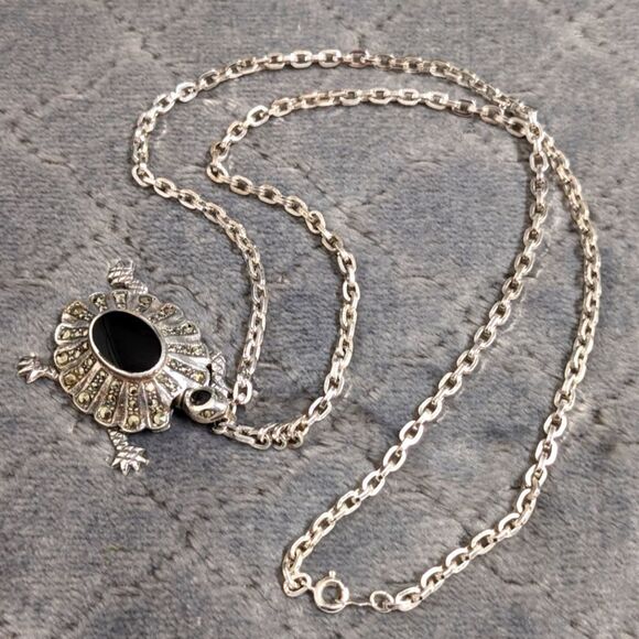 Jewelry - Vintage Sterling Silver, Onyx and Marcasite Turtle Pendant/Necklace